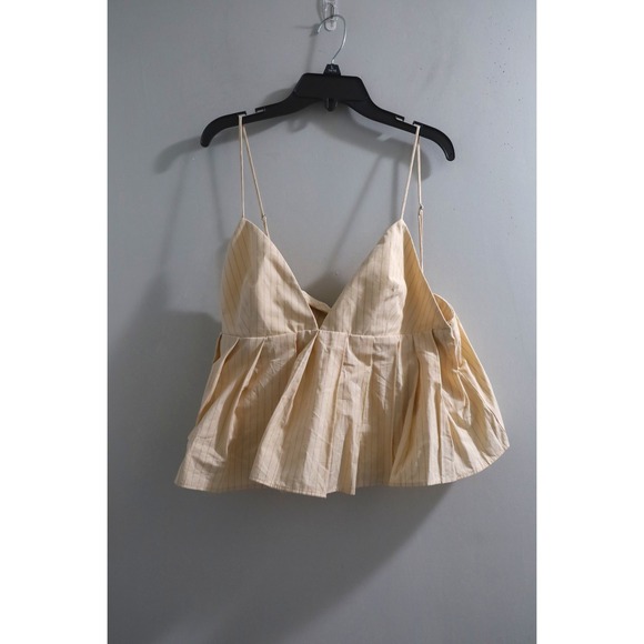 Zara Tops - Zara Pinstripe‎ Peplum Crop Top Peachy beige V-Neck Cotton Camisole Large NEW